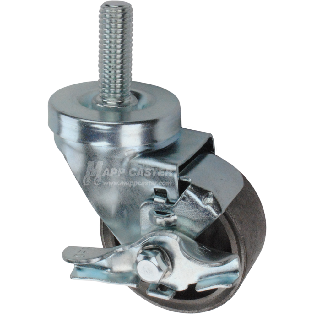 Metal caster wheel with brake and threaded stem