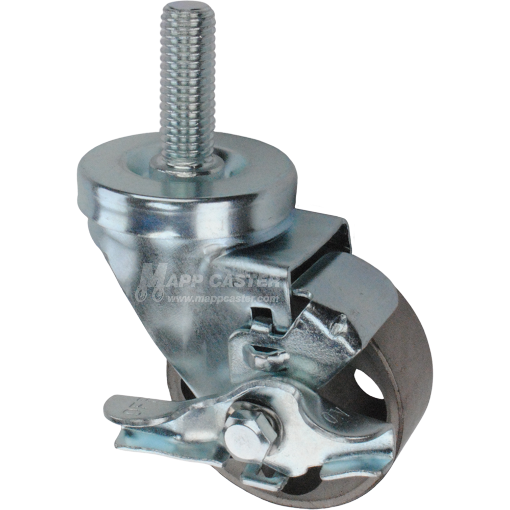 Metal caster wheel with a top lock brake and threaded stem