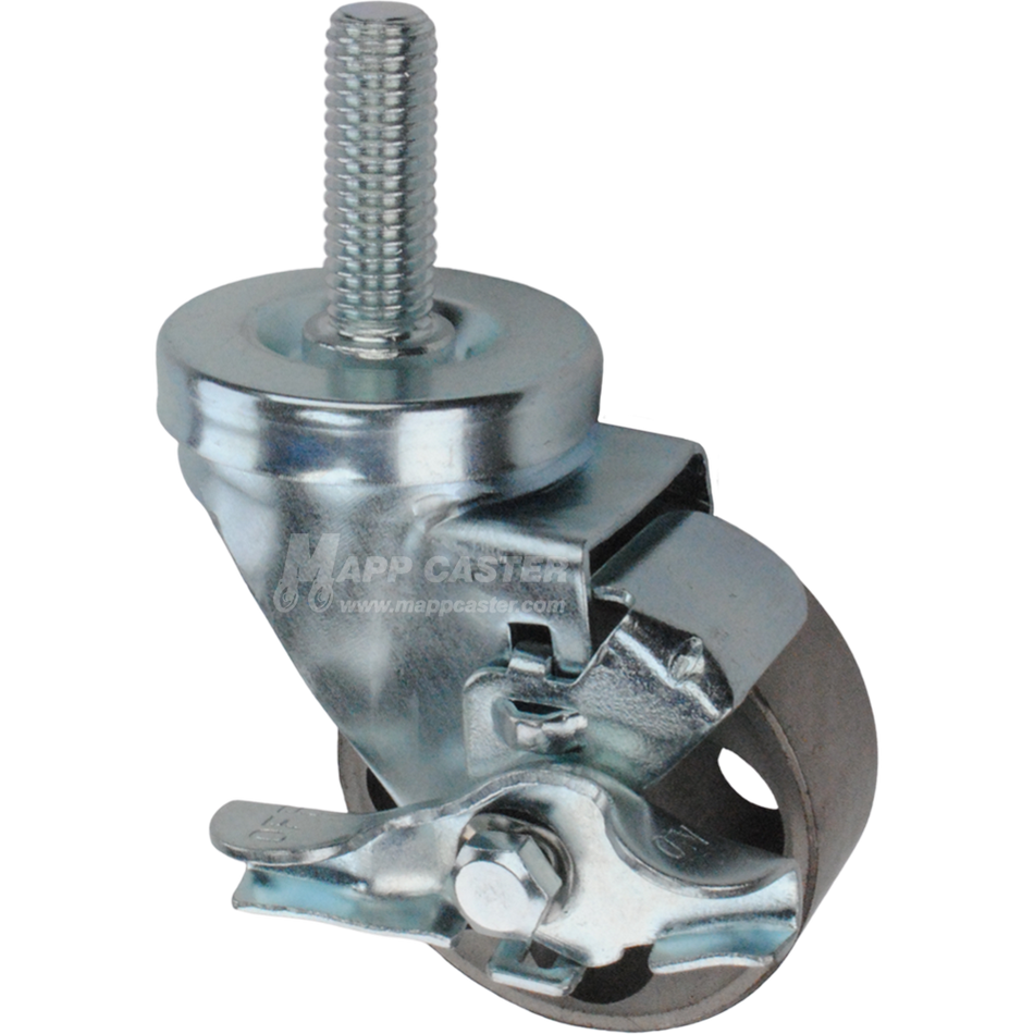 Metal caster wheel with a top lock brake and threaded stem