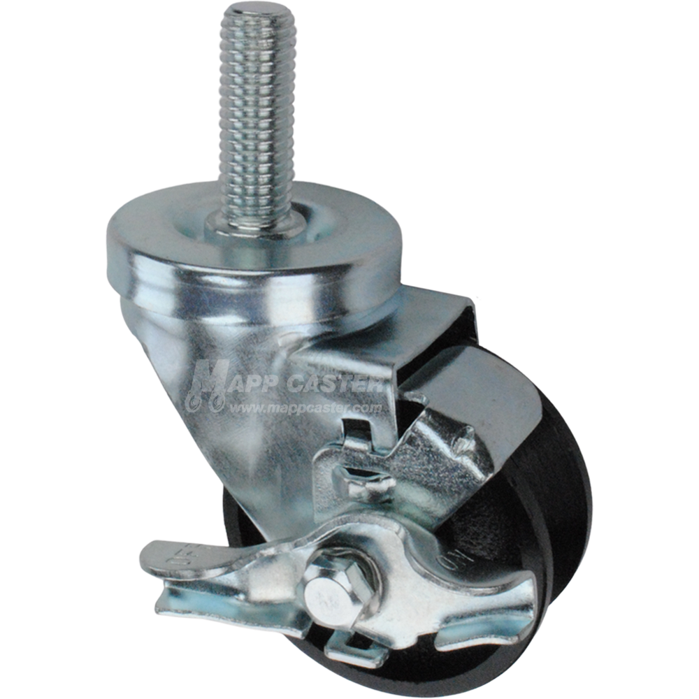 Caster wheel with brake, a black cast iron v-groove tire and metal stem thread