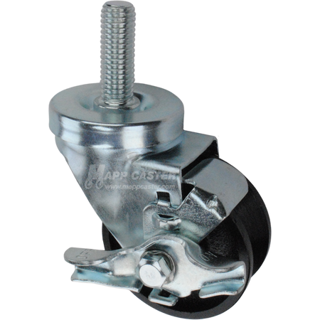 Caster wheel with brake, a black cast iron v-groove tire and metal stem thread