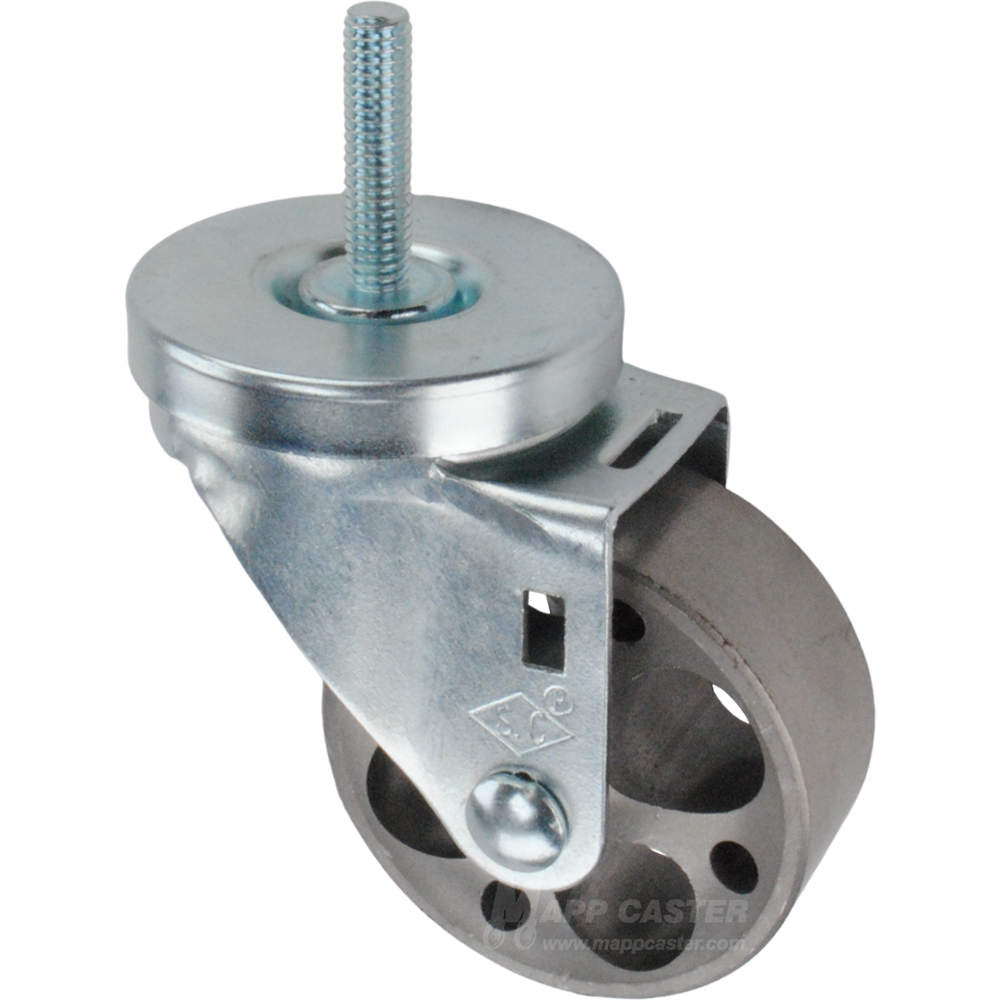 Swivel caster with a 3 inch steel wheel wheel and 3/8 inch wide threaded metal stem