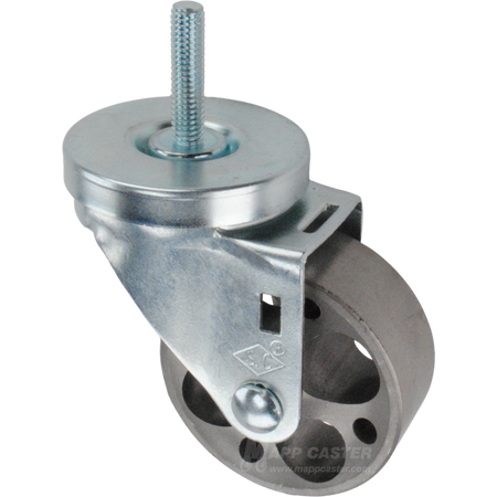 Swivel caster with a 3 inch steel wheel wheel and 3/8 inch wide threaded metal stem