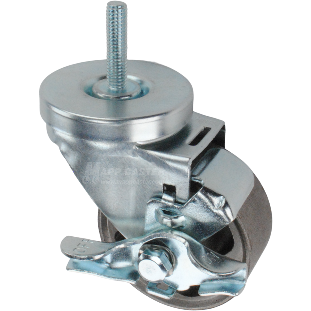 Metal caster wheel with brake and threaded stem