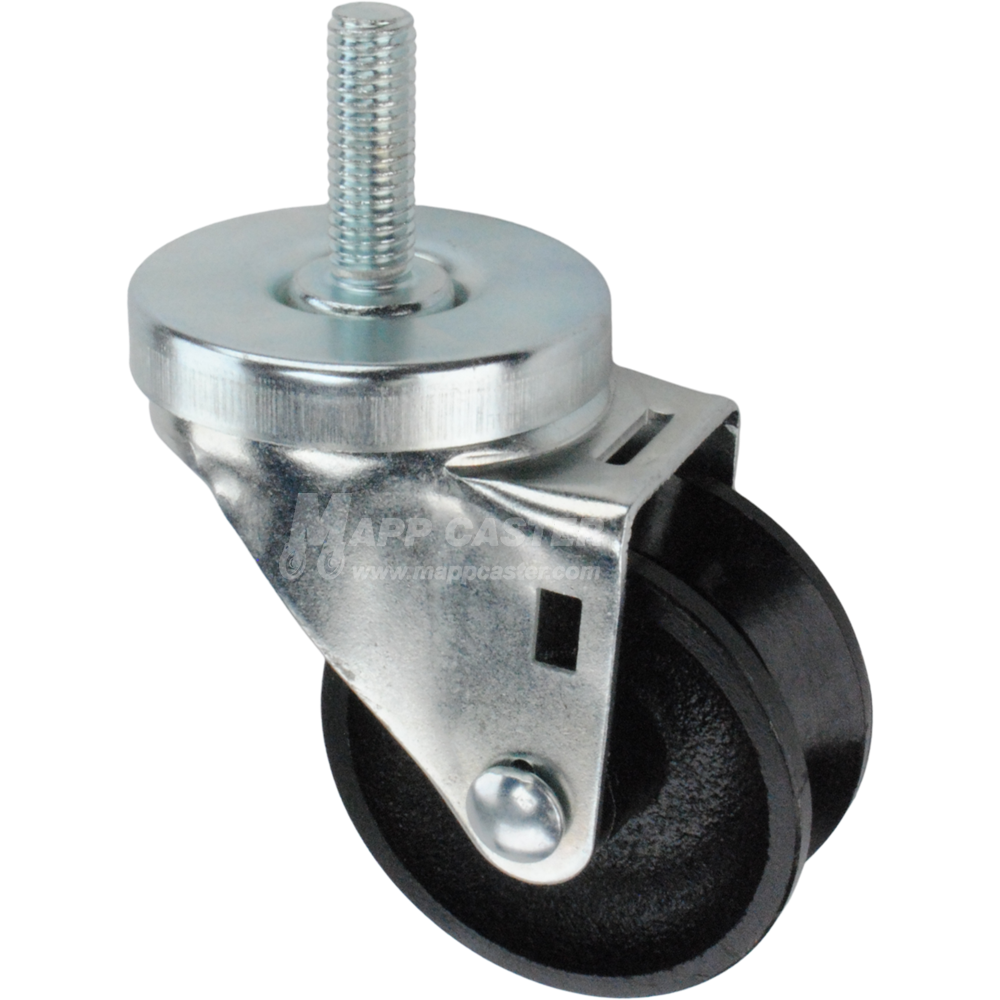 Caster wheel with a black cast iron v-groove tire and metal stem thread
