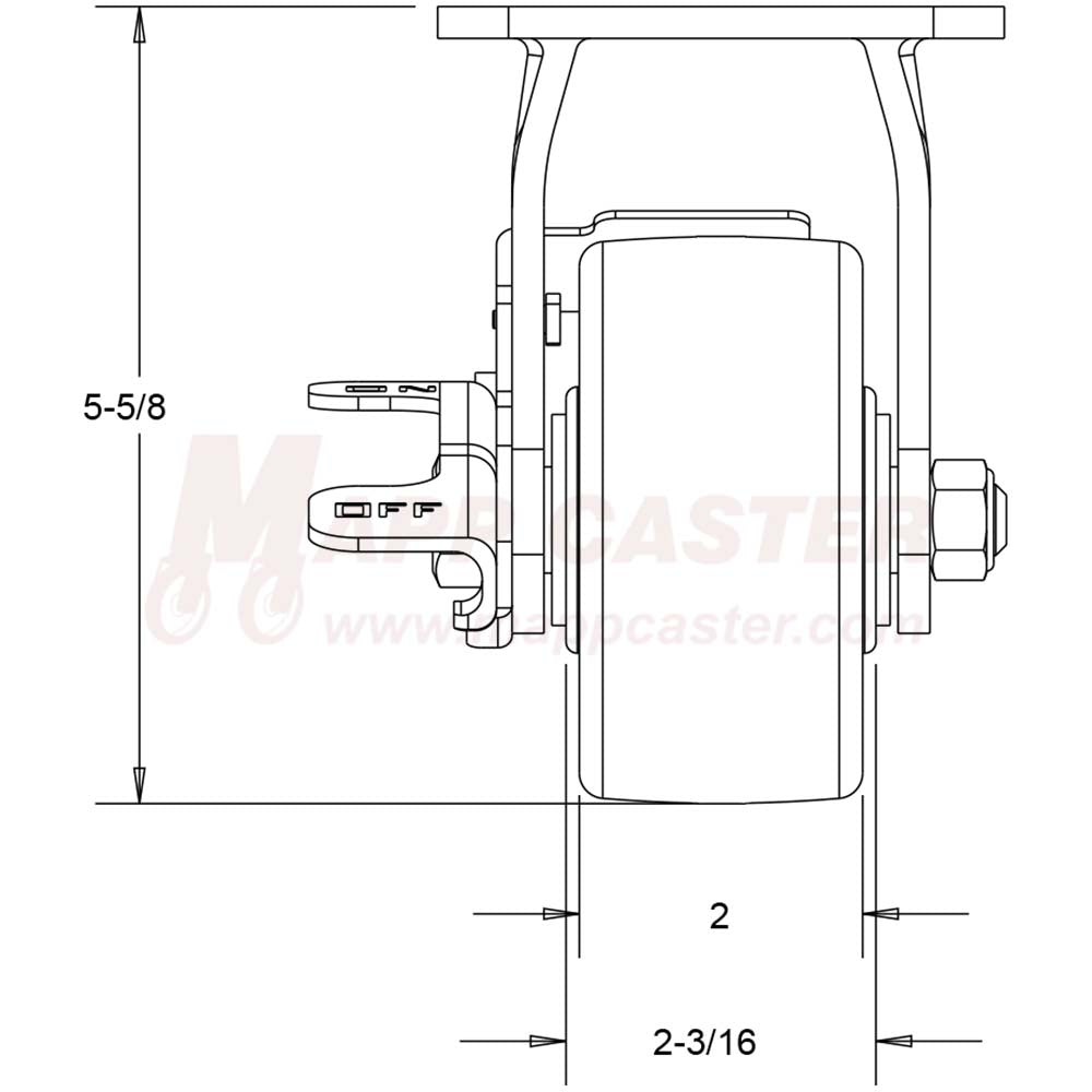 4" x 2" Ductile Steel Wheel Rigid Brake Caster, 4" x 4-1/2" Top Plate - 1250 Lbs Capacity REAR VIEW 