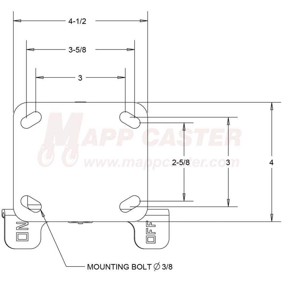 4" x 2" Ductile Steel Wheel Rigid Brake Caster, 4" x 4-1/2" Top Plate - 1250 Lbs Capacity TOP VIEWS