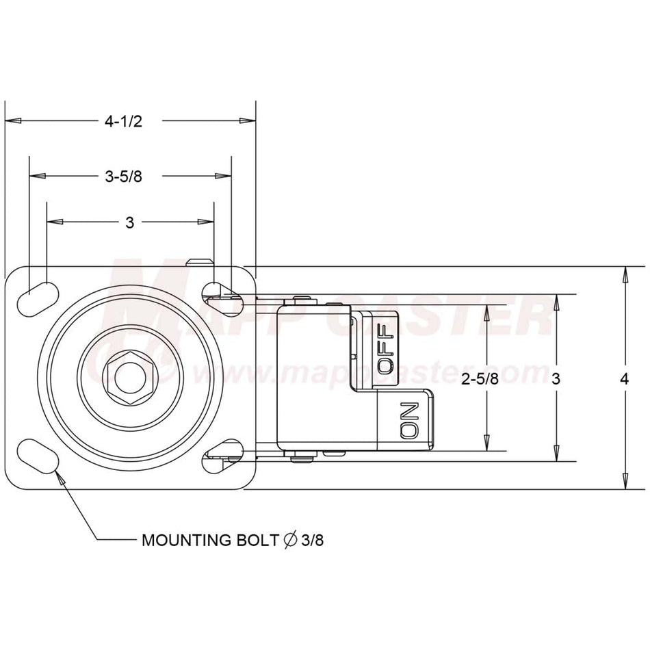 4" x 2" Ductile Steel Wheel Swivel Caster Total Locking Brake, 4" x 4-1/2" Top Plate - 1250 Lbs Capacity TOP VIEW