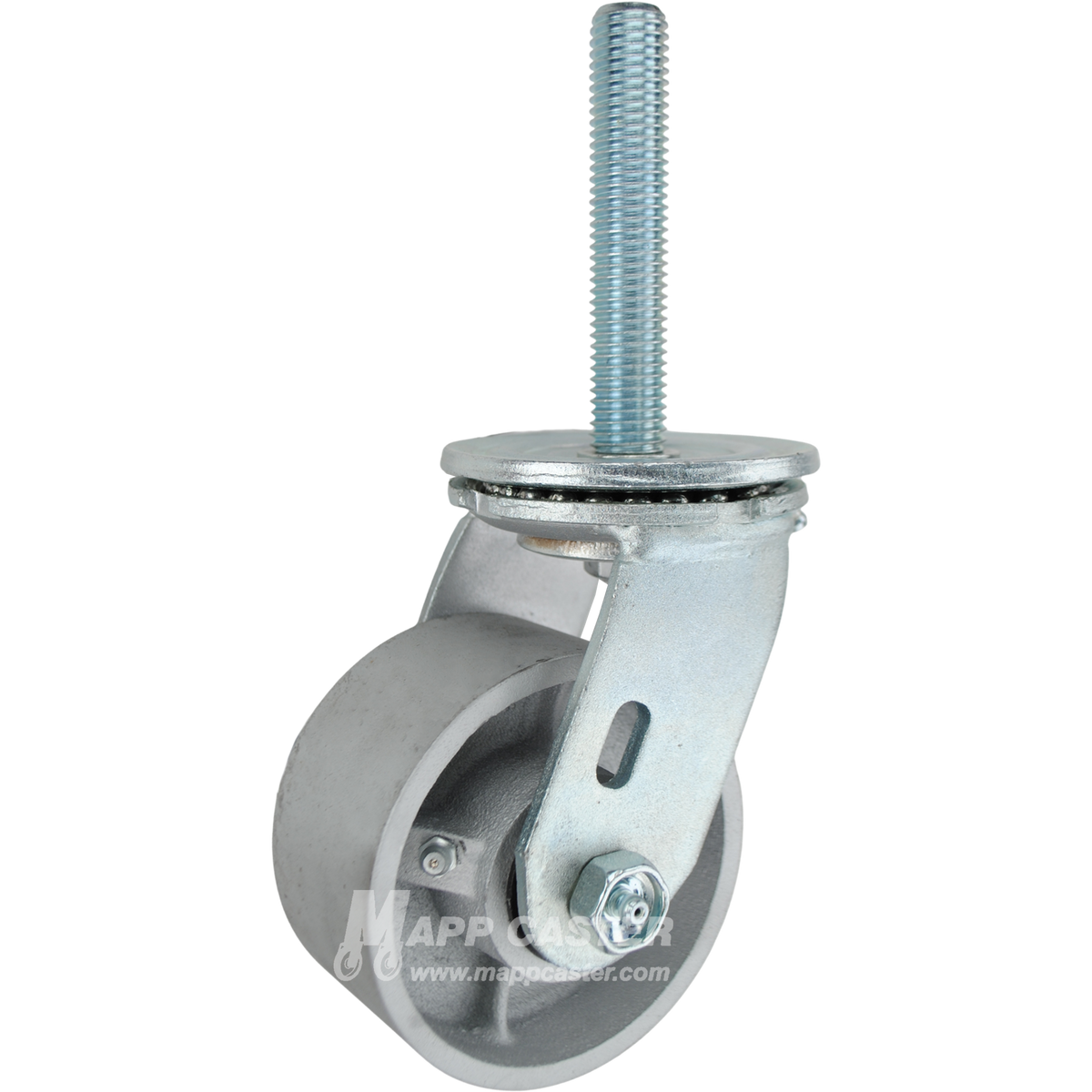 4 x 2 cast iron swivel caster with 3/4-10 x 4 threaded stem for heavy-duty industrial equipment, offering high load capacity and durability.