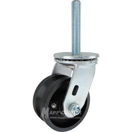 4 x 2 cast iron V-groove swivel caster with 3/4-10 x 4 threaded stem for angle iron tracks and heavy-duty industrial equipment.