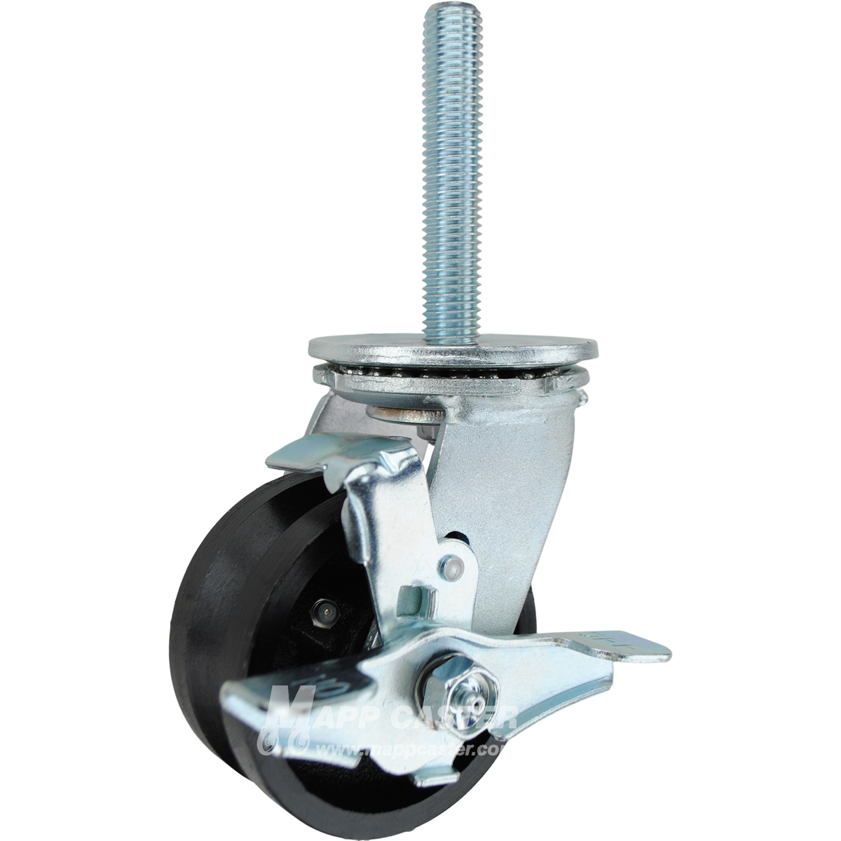 4 x 2 cast iron V-groove swivel caster with top lock brake and 3/4-10 x 4 threaded stem for angle iron tracks and heavy-duty industrial use.