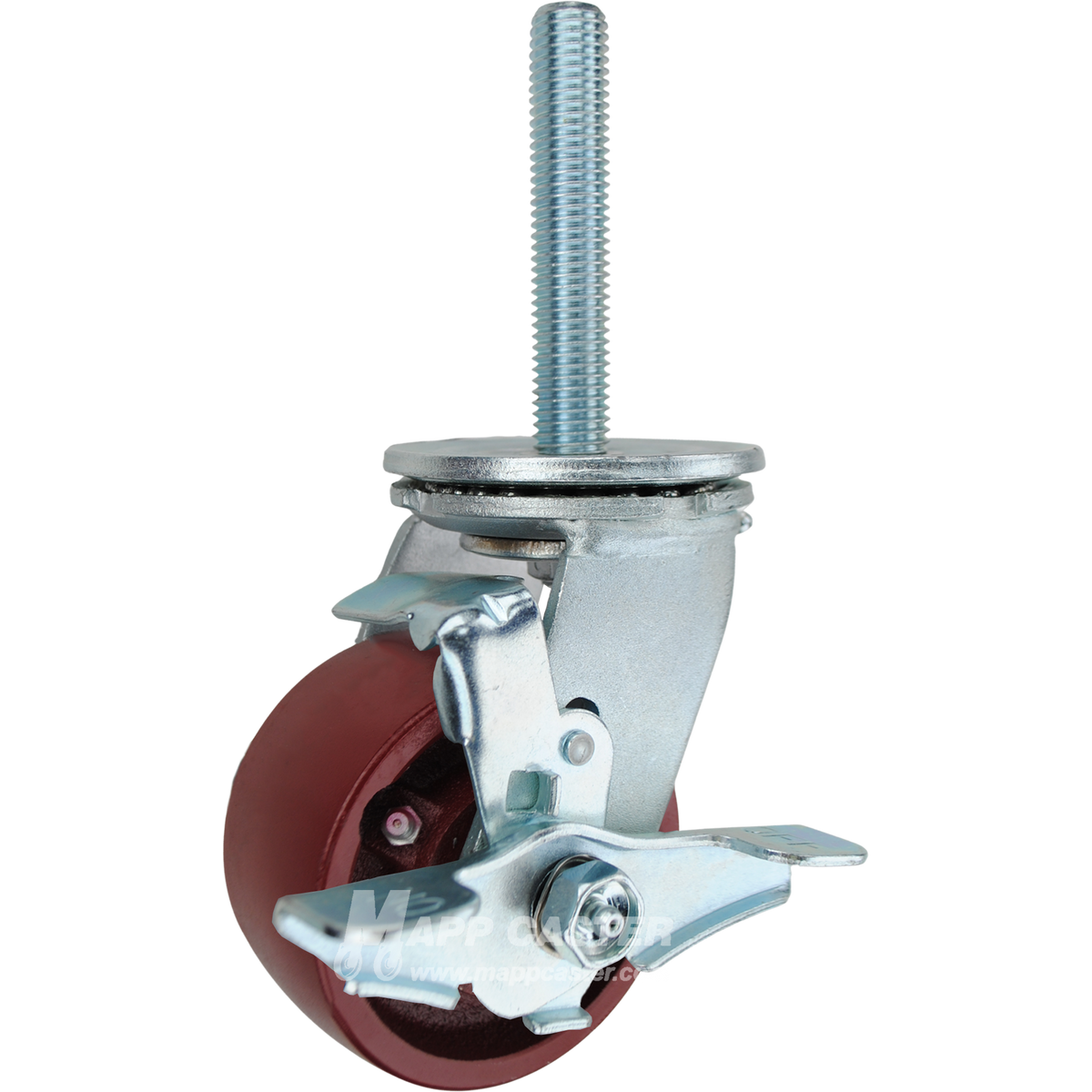 4 x 2 ductile steel swivel caster with brake and 3/4-10 x 4 threaded stem for heavy-duty industrial carts, offering high strength and durability.