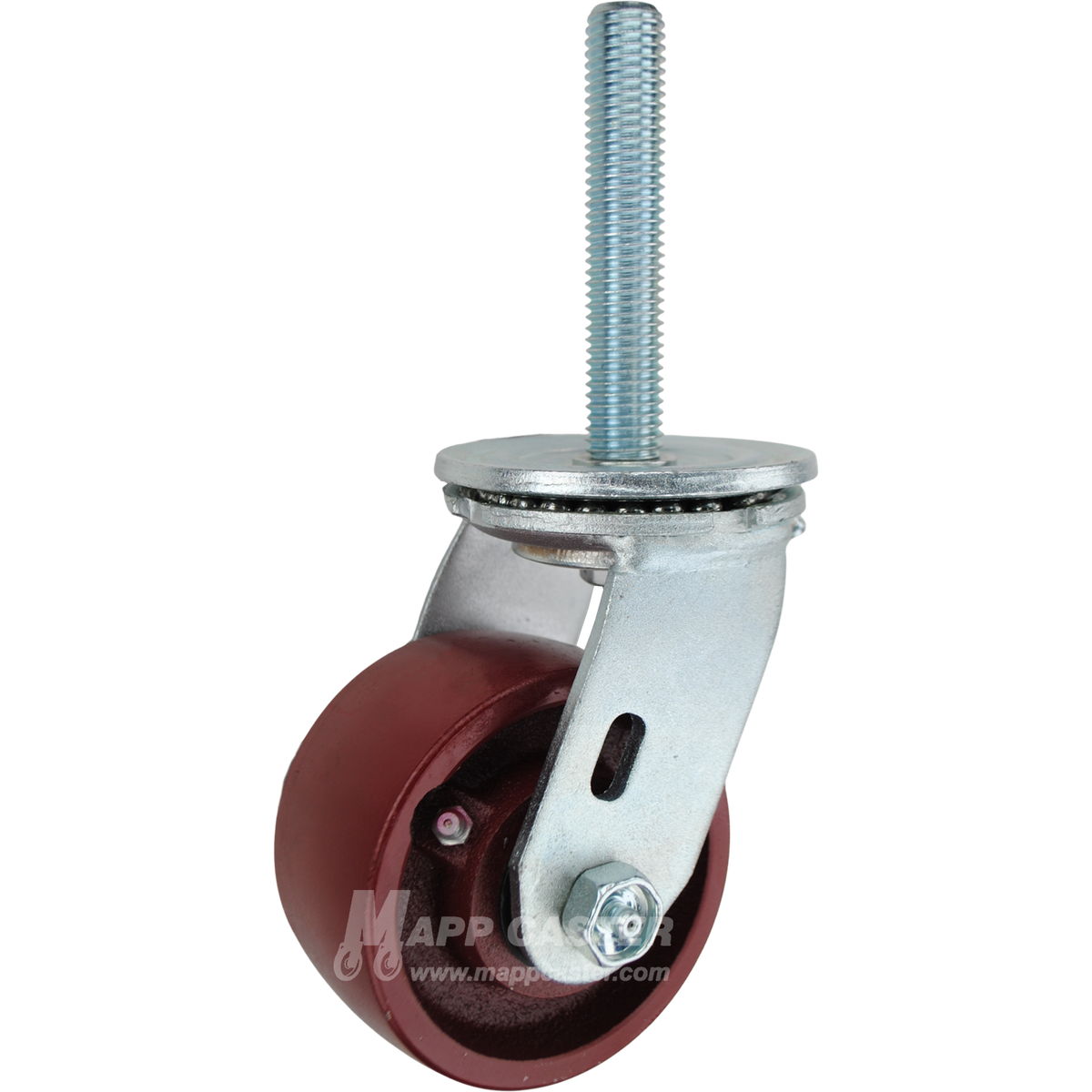 4 x 2 ductile steel swivel caster with 3/4-10 x 4 threaded stem for heavy-duty industrial equipment, providing high strength, durability, and impact resistance.