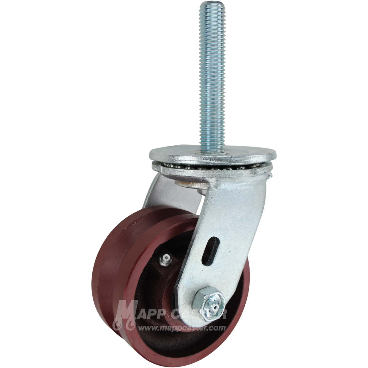 4 x 2 ductile steel V-groove swivel caster with 3/4-10 x 4 threaded stem for angle iron tracks and heavy-duty industrial equipment.