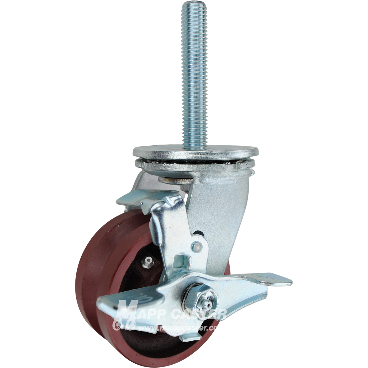 4 x 2 ductile steel V-groove swivel caster with top lock brake and 3/4-10 x 4 threaded stem for angle iron tracks and heavy-duty industrial use.