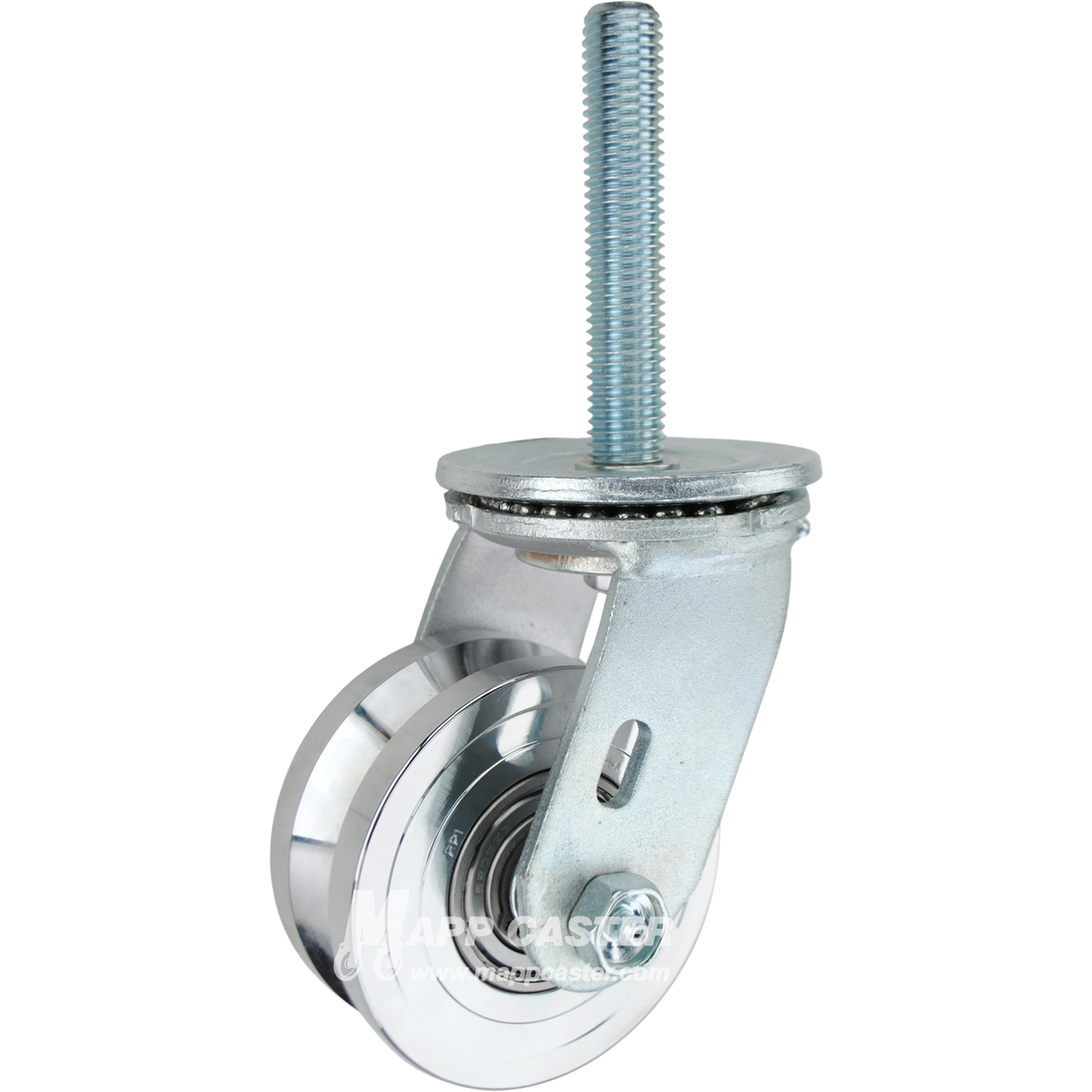 4 x 2 forged steel V-groove swivel caster with 3/4-10 x 4 threaded stem for angle iron tracks and heavy-duty industrial material handling equipment.