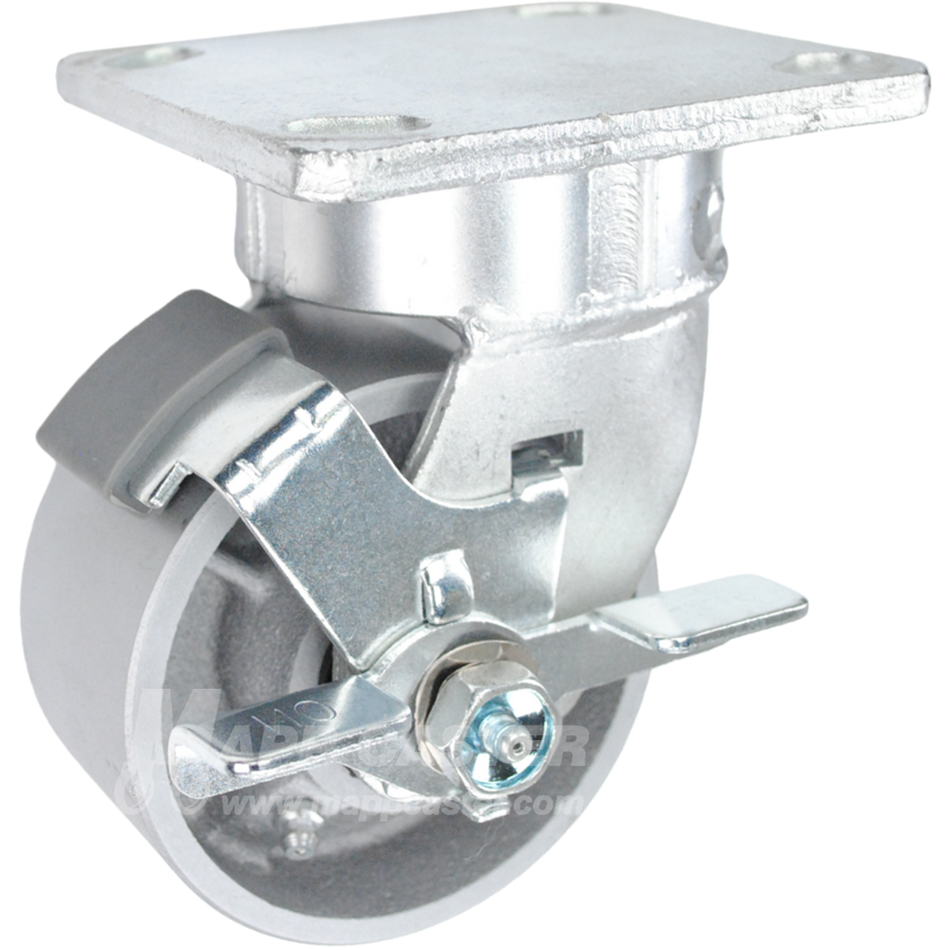 4" x 2" Cast Iron Wheel Kingpinless Swivel Brake Caster - 900 Lbs Capacity SIDE VIEW