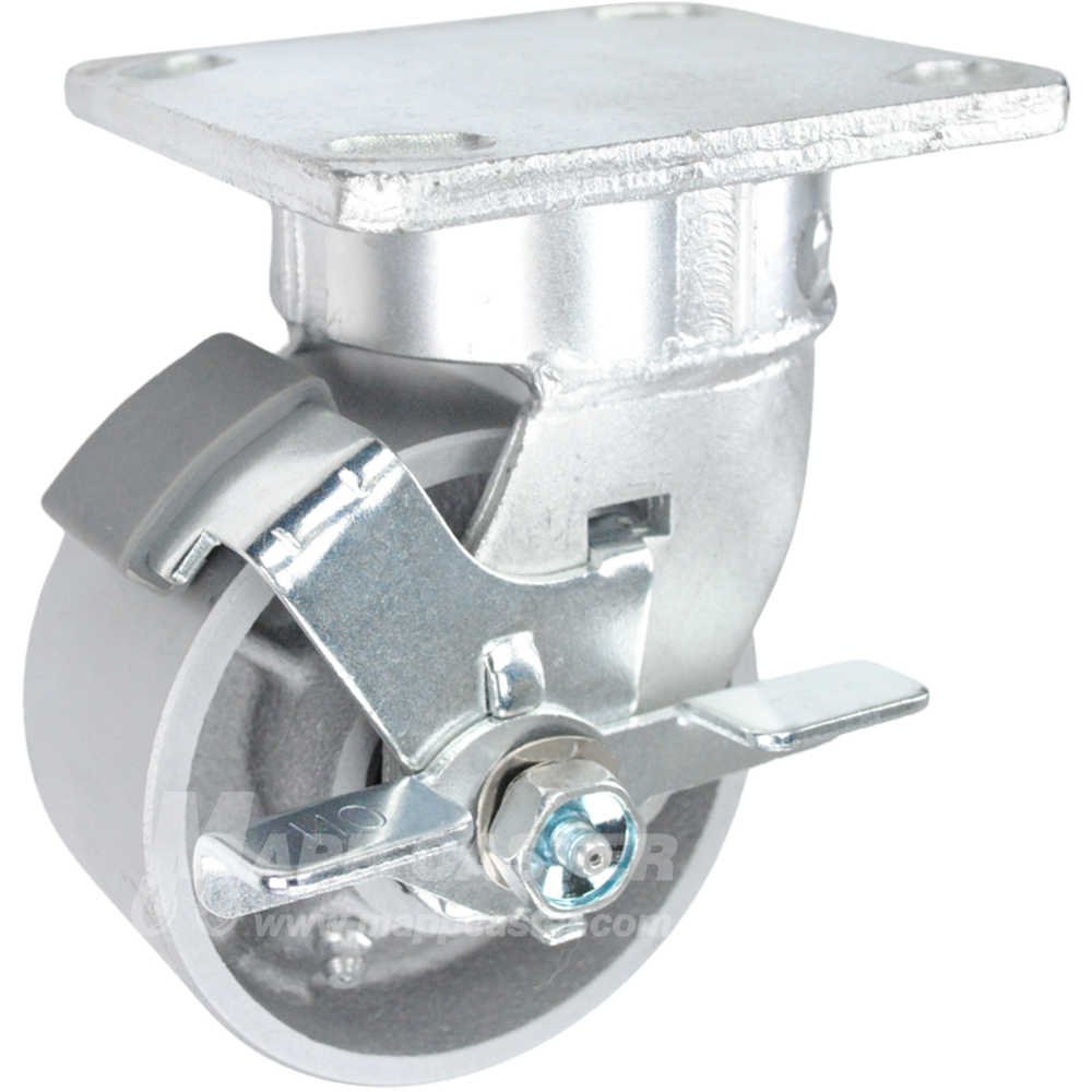 4" x 2" Cast Iron Wheel Kingpinless Swivel Brake Caster - 900 Lbs Capacity SIDE VIEW 