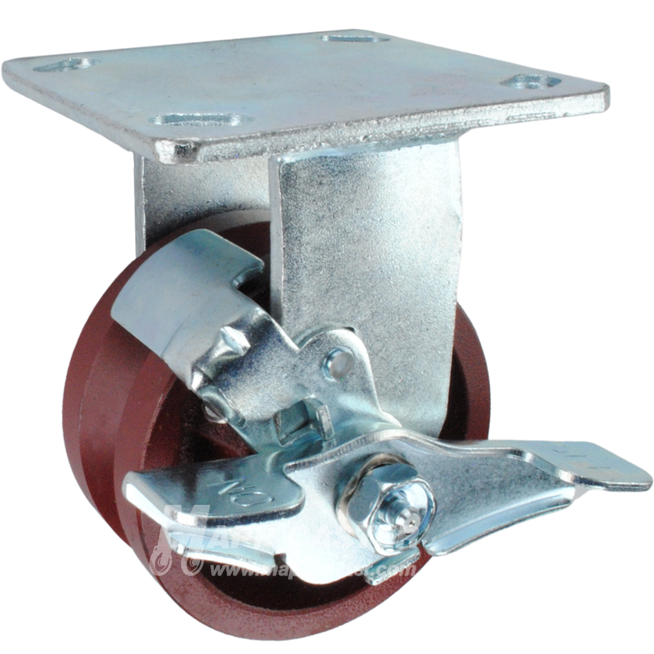 4" x 2" Ductile Steel V-Groove Wheel KPL Rigid Brake Caster - 1500 Lbs Capacity SIDE VIEW 