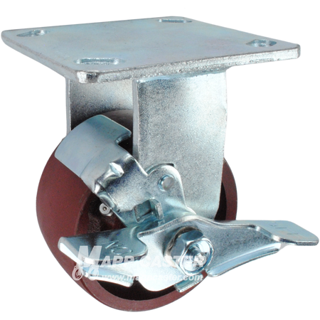 4" x 2" Ductile Steel Wheel KPL Rigid Brake Caster, 4" x 4-1/2" Top Plate - 1500 Lbs Capacity SIDE VIEW 