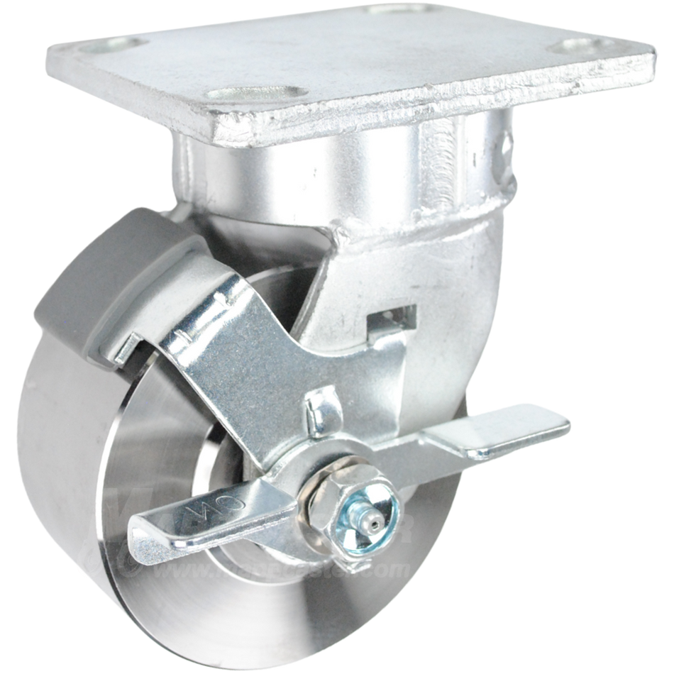 4" x 2" Forged Steel Wheel Kingpinless Swivel Brake Caster - 2000 Lbs Capacity SIDE VIEW