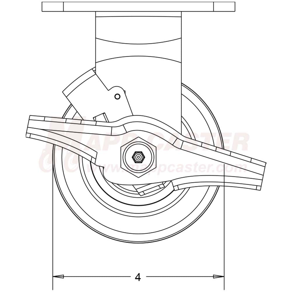 4" x 2" Ductile Steel Wheel Rigid Brake Caster, 4" x 4-1/2" Top Plate - 1250 Lbs Capacity SIDE VIEW 