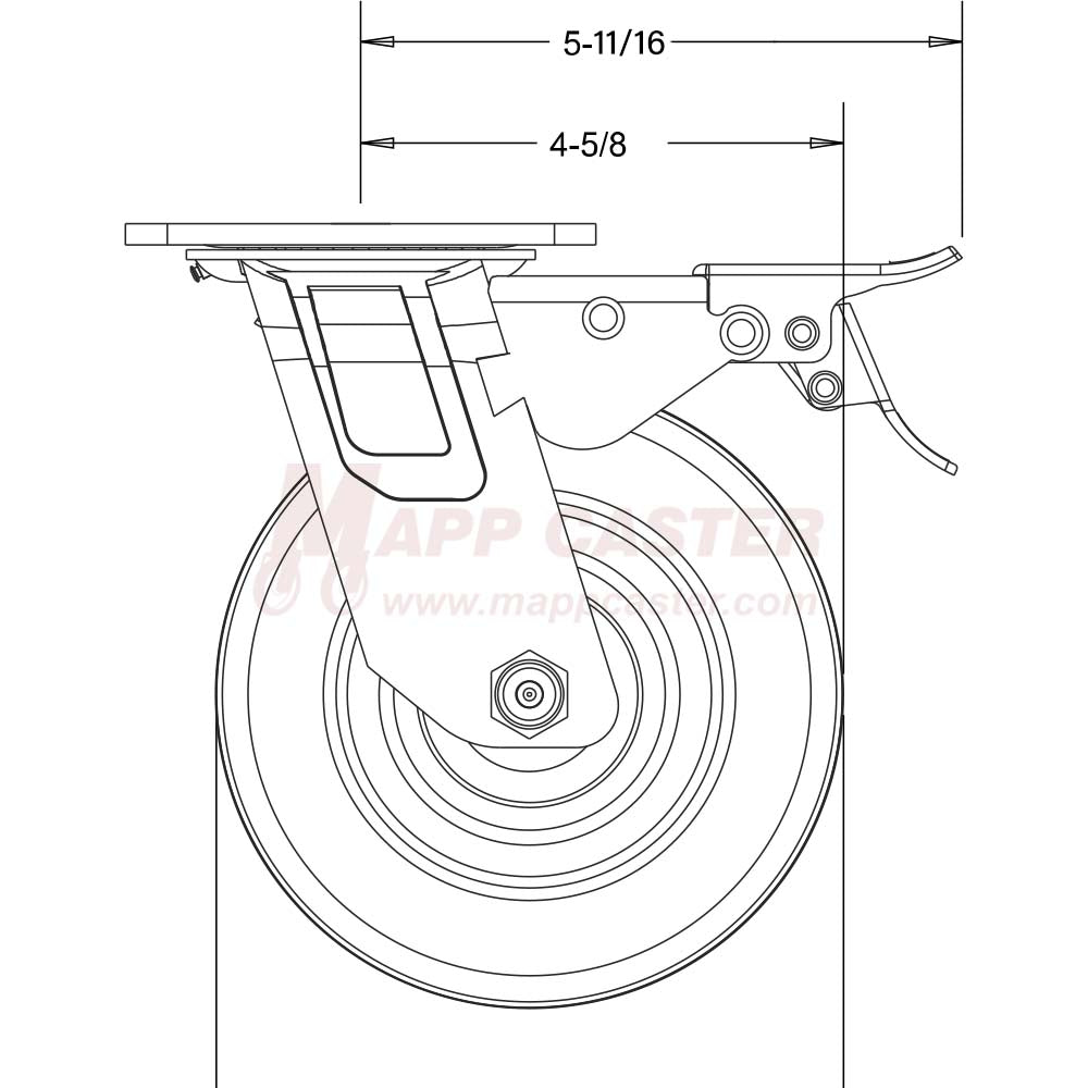 146 RNB620SBTL 6" x 2" Rubber on Nylon Wheel Swivel Caster with Total Locking Brake - 500 Lbs Capacity Side View