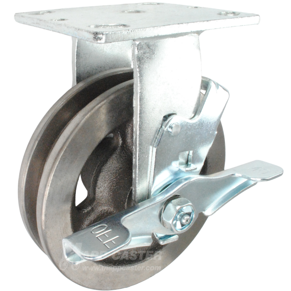 6" x 2" Double Flanged Cast Iron Wheel Rigid Brake Caster - 500 Lbs Capacity Part # 146DFCI620RB