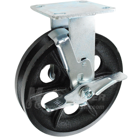 8" x 2" Cast Iron V-Groove Wheel Kingpinless Rigid Brake Caster - 1,200 Lbs Capacity Part # P50082VIRBTLB