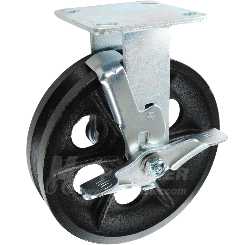 8" x 2" Cast Iron V-Groove Wheel Kingpinless Rigid Brake Caster - 1,200 Lbs Capacity Part # P50082VIRBTLB