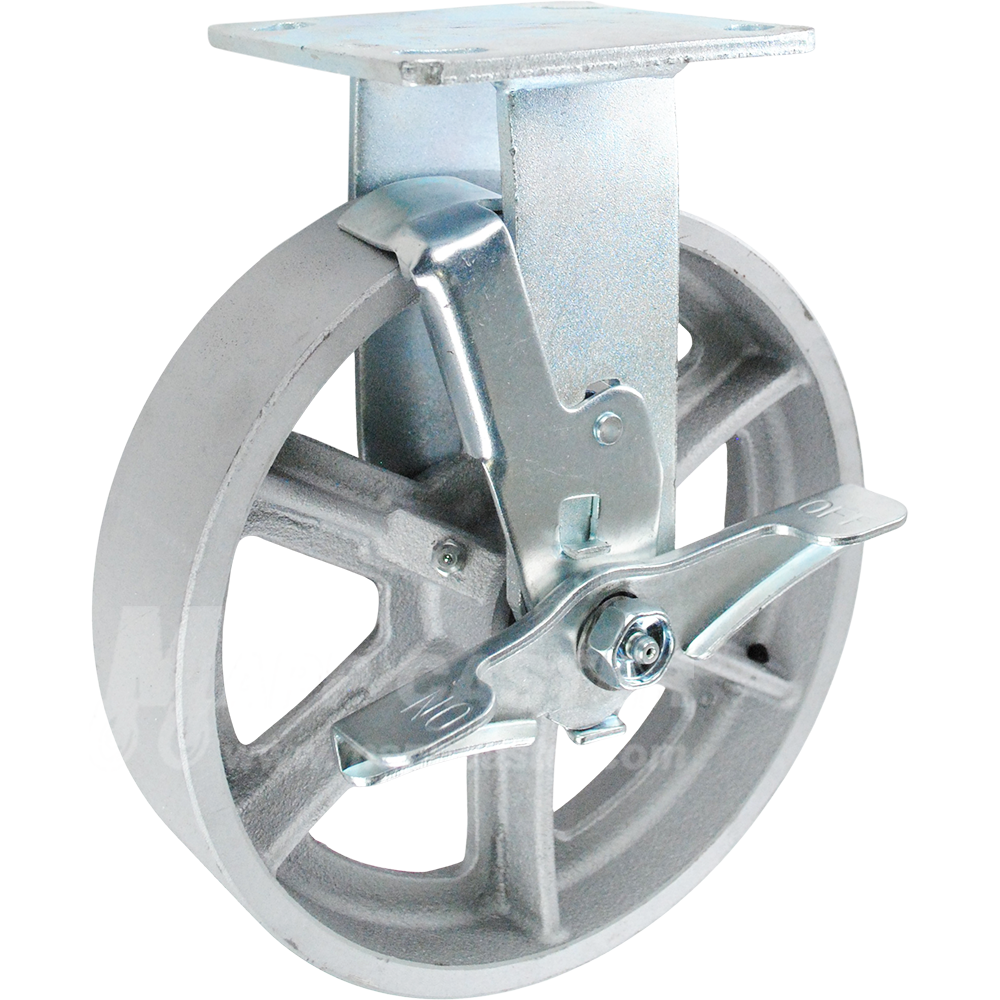 8" x 2" Cast Iron Wheel Kingpinless Rigid Brake Caster - 1,600 Lbs Capacity Part # P50082CIRBTLB