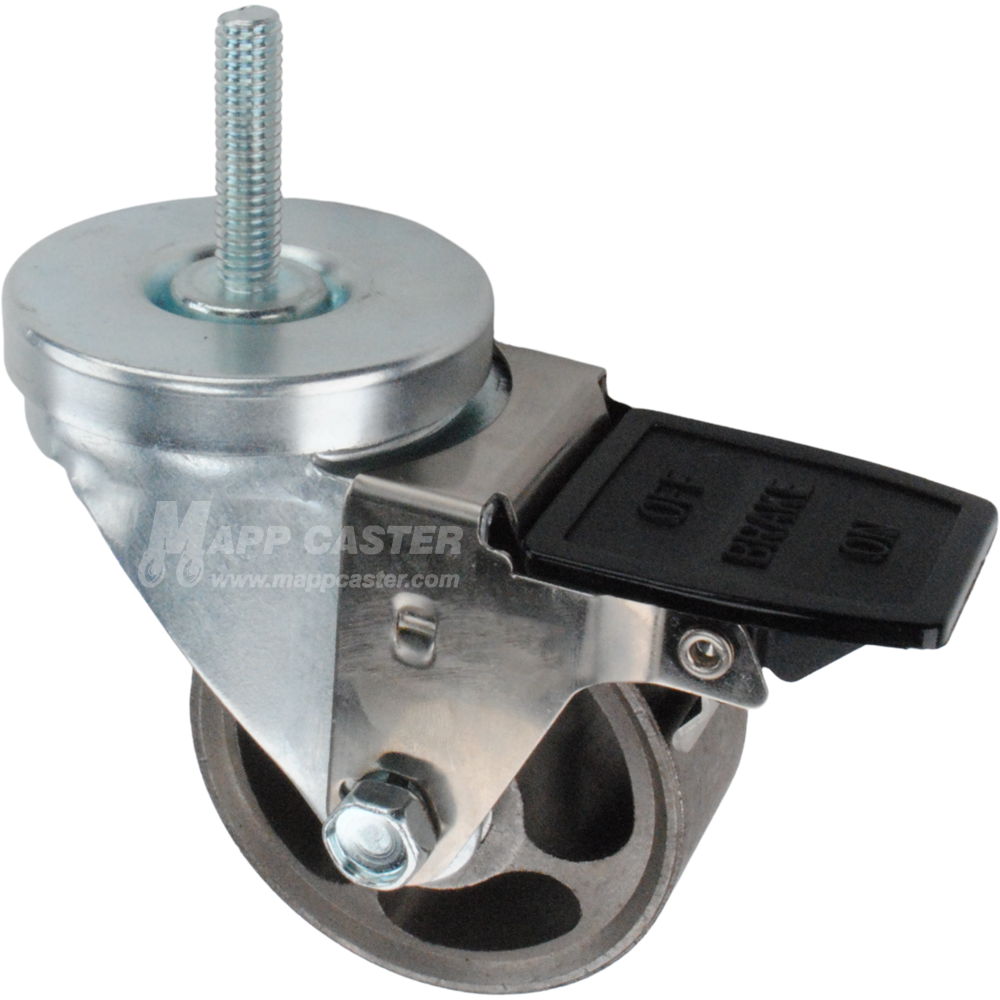 Caster wheel with face contact brake, a 3 inch silver steel wheel and 1-1/2 inch metal threaded stem