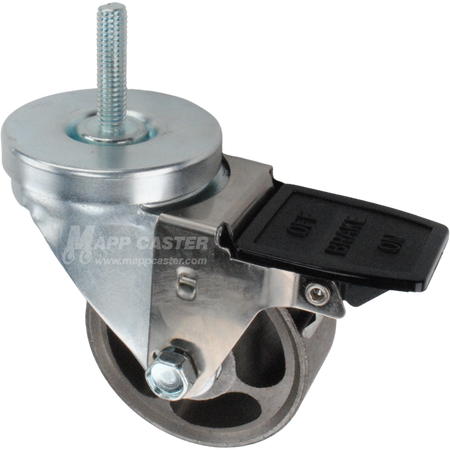 Caster wheel with face contact brake, a 3 inch silver steel wheel and 1-1/2 inch metal threaded stem