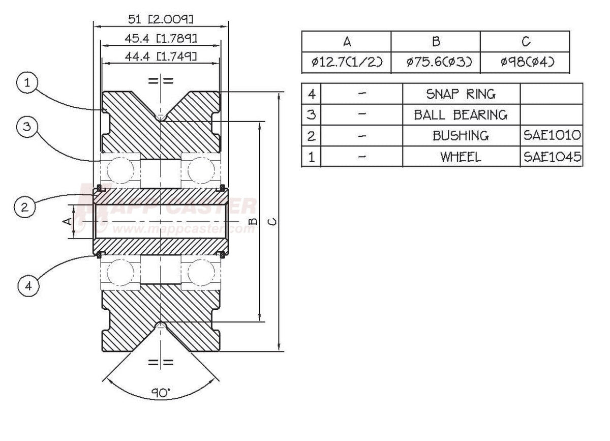 4" x 1-3/4" V-Groove Solid Steel Wheel - Part # PAH108 Drawing