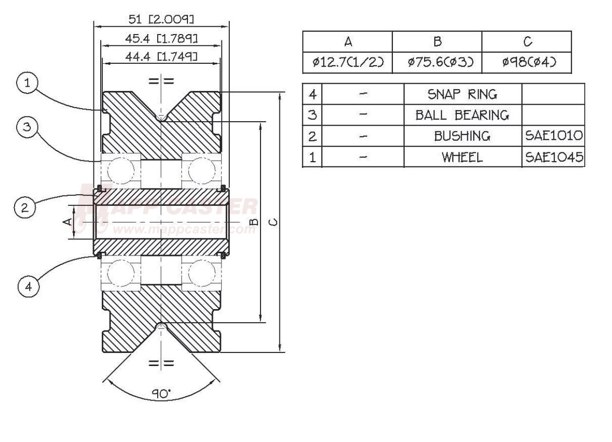 4" x 1-3/4" V-Groove Solid Steel Wheel - Part # PAH108 Drawing