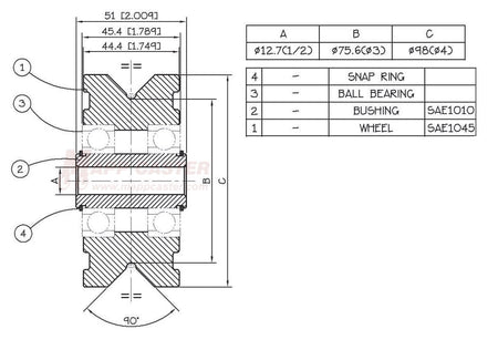 4" x 1-3/4" V-Groove Solid Steel Wheel - Part # PAH108 Drawing