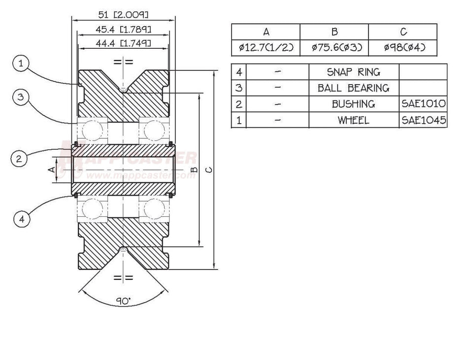 4" x 1-3/4" V-Groove Solid Steel Wheel - Part # PAH108 Drawing