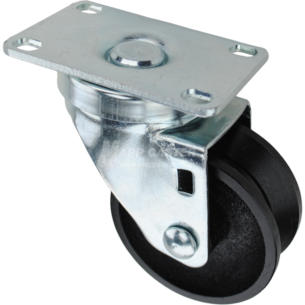 Swivel caster with a 3 inch black cast iron v-groove wheel and O1 metal plate. Part # Q523001VG