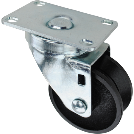Swivel caster with a 3 inch black cast iron v-groove wheel and O1 metal plate. Part # Q523001VG