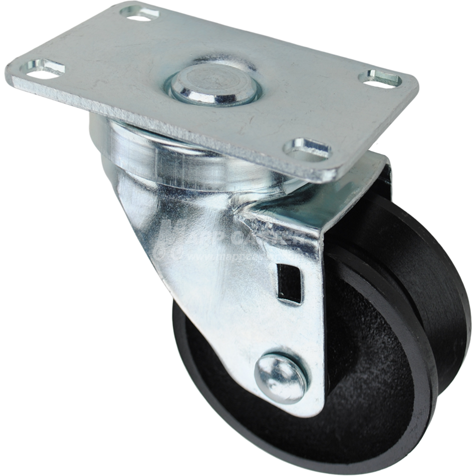 Swivel caster with a 3 inch black cast iron v-groove wheel and O1 metal plate. Part # Q523001VG