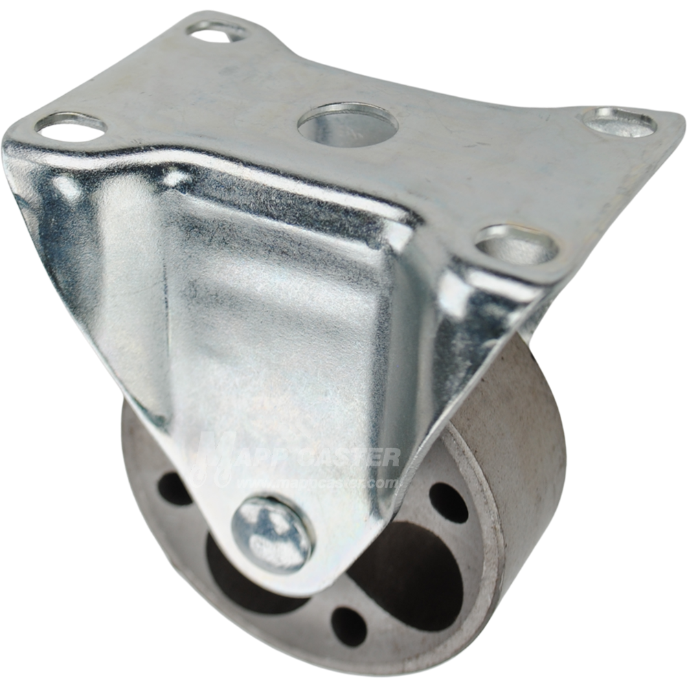 Rigid caster with a 3 inch silver sintered steel wheel and O1 mounting plate