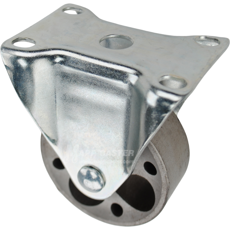 Rigid caster with a 3 inch silver sintered steel wheel and O1 mounting plate