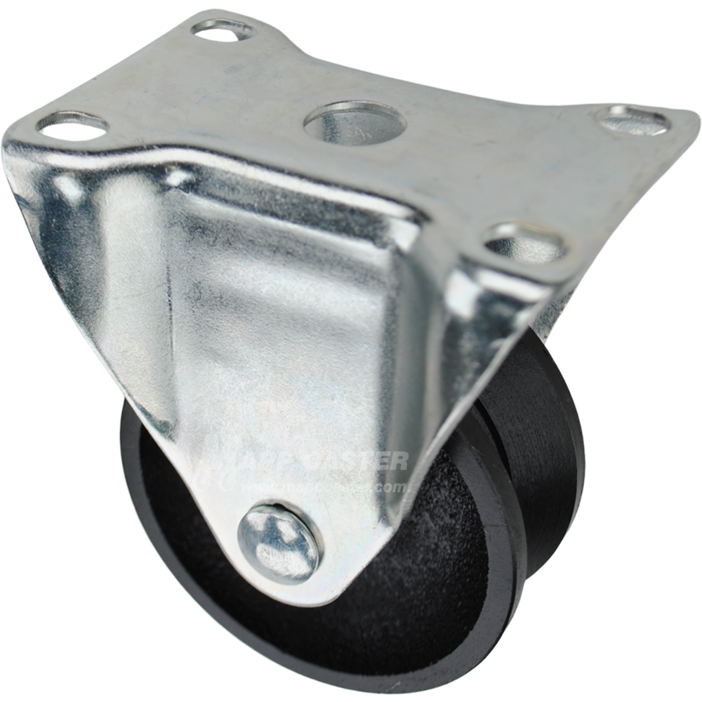 Rigid caster with a 3 inch black cast iron v-groove wheel and O1 mounting plate. Part # Q5230R01VG