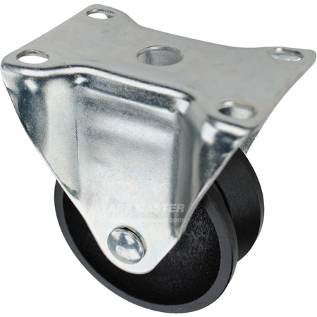 Rigid caster with a 3 inch black cast iron v-groove wheel and O1 mounting plate. Part # Q5230R01VG