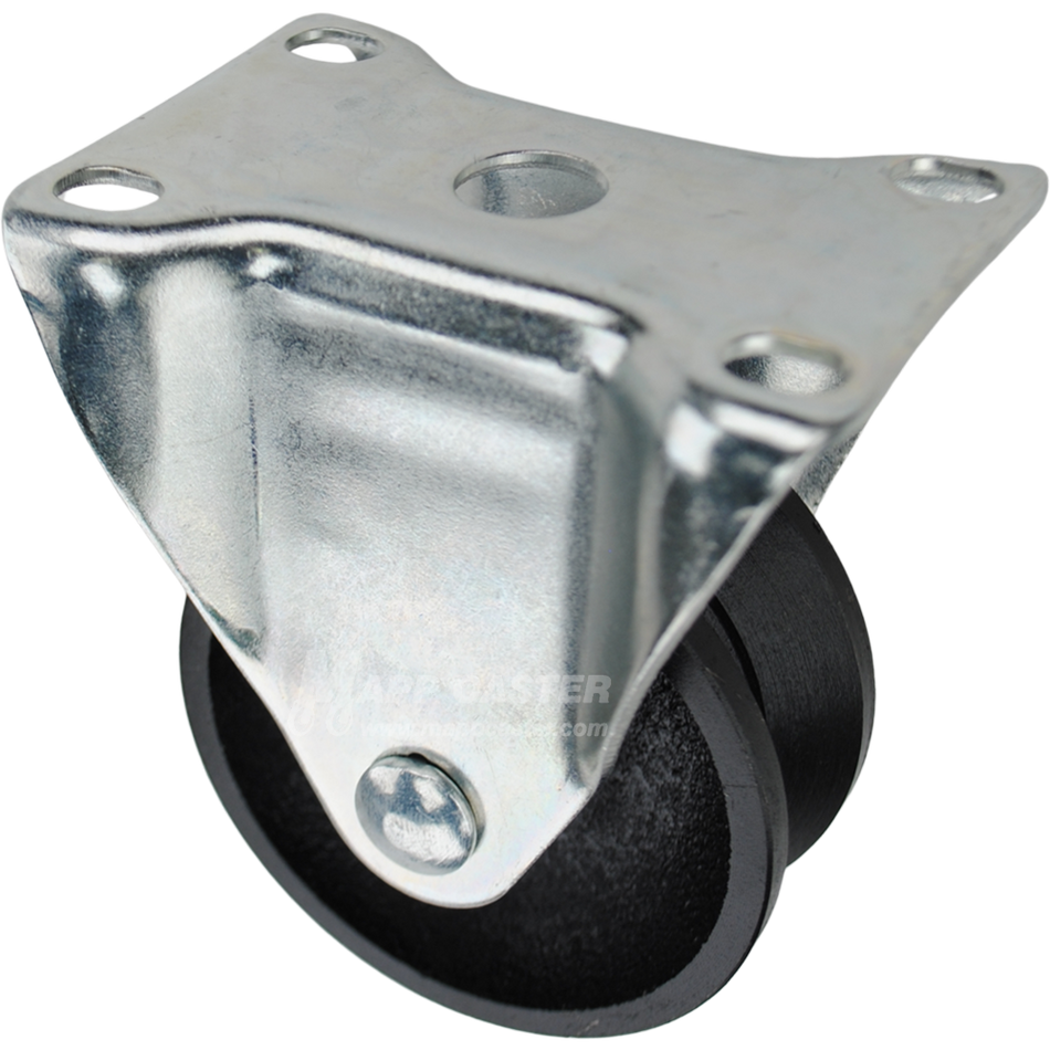 Rigid caster with a 3 inch black cast iron v-groove wheel and O1 mounting plate. Part # Q5230R01VG