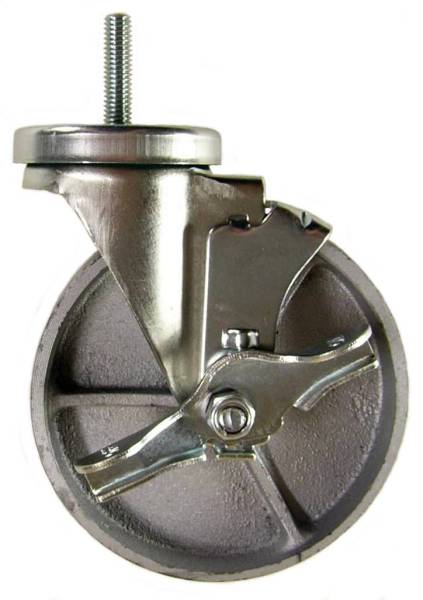 5" x 1-1/4" Semi-Steel Wheel Swivel Caster with 3/8" Threaded Stem & Brake - 350 Lbs Capacity