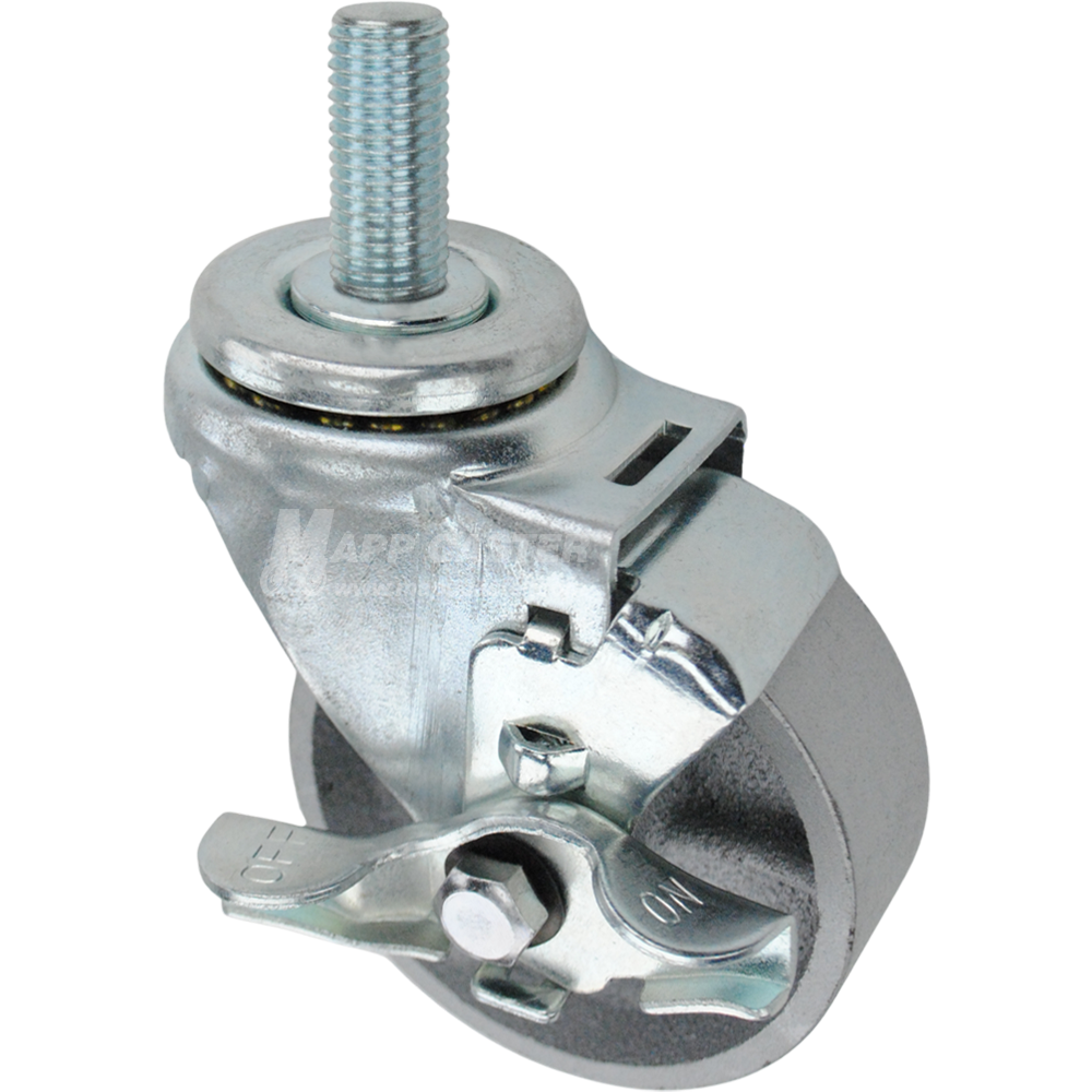 Swivel caster with a top lock brake, a 3.5 inch silver steel wheel and 20mm wide threaded metal stem