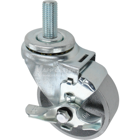 Swivel caster with a top lock brake, a 3.5 inch silver steel wheel and 20mm wide threaded metal stem