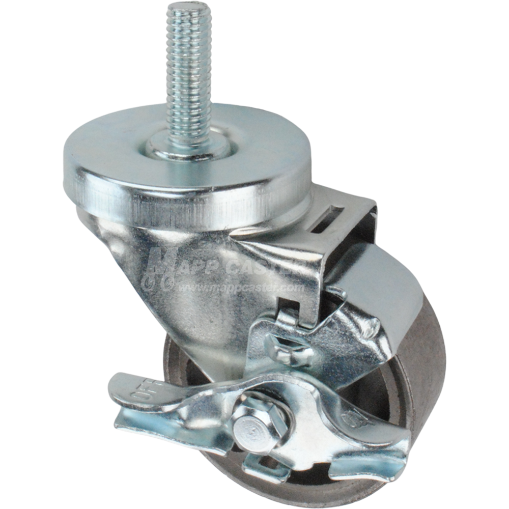 Metal caster wheel with brake and threaded stem