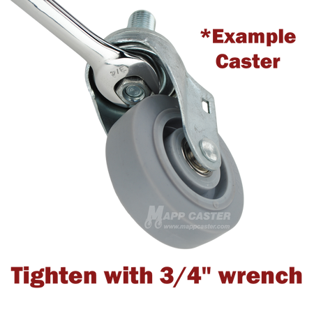 swivel caster with gray wheel with its stem being tightened with a 3/4" wrench